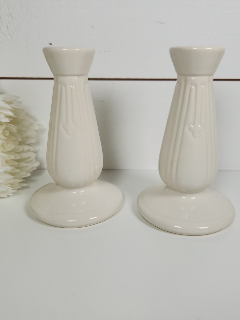 Vintage Pair of White Ceramic Pottery Candlestick Holders,  Art Deco Design